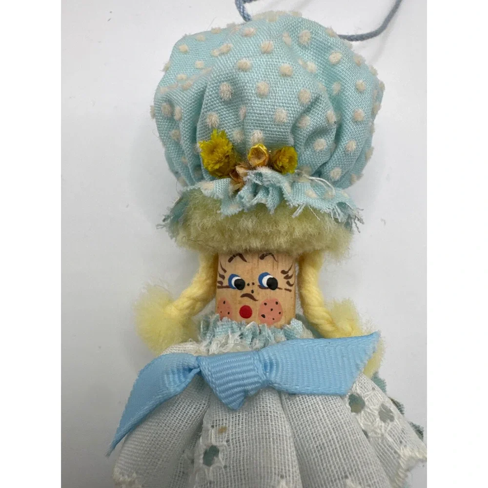 Vintage Handmade Clothespin Doll Ornament Blue Polka Dot Folk Art 4.5